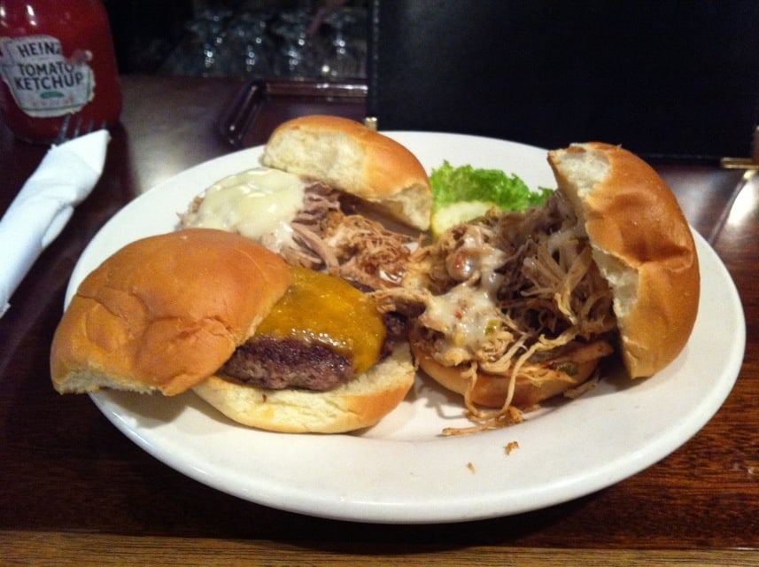 Minneapolis Town Hall Brewery Sliders Pulled pork, pulled chicken and a burger slider at Town Hall Brewery.